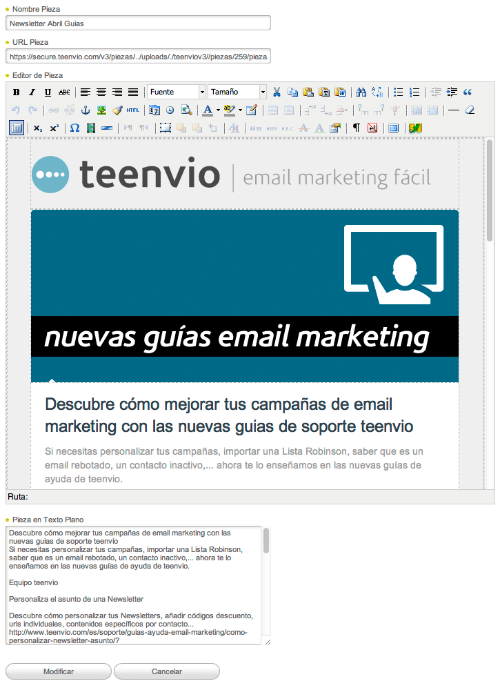 Texto plano en Newsletter email marketing teenvio