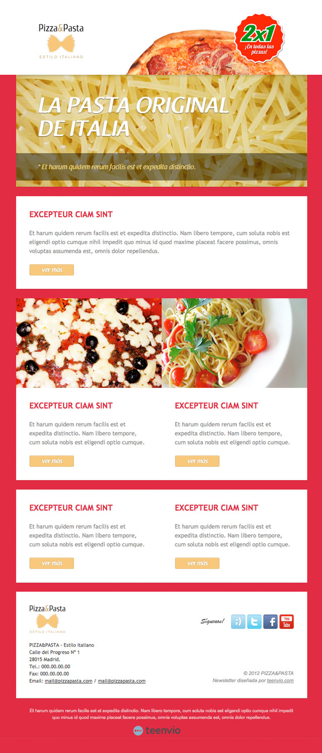 Plantilla Newsletter gratuita, Pizza & Pasta, para tus campañas de email marketing